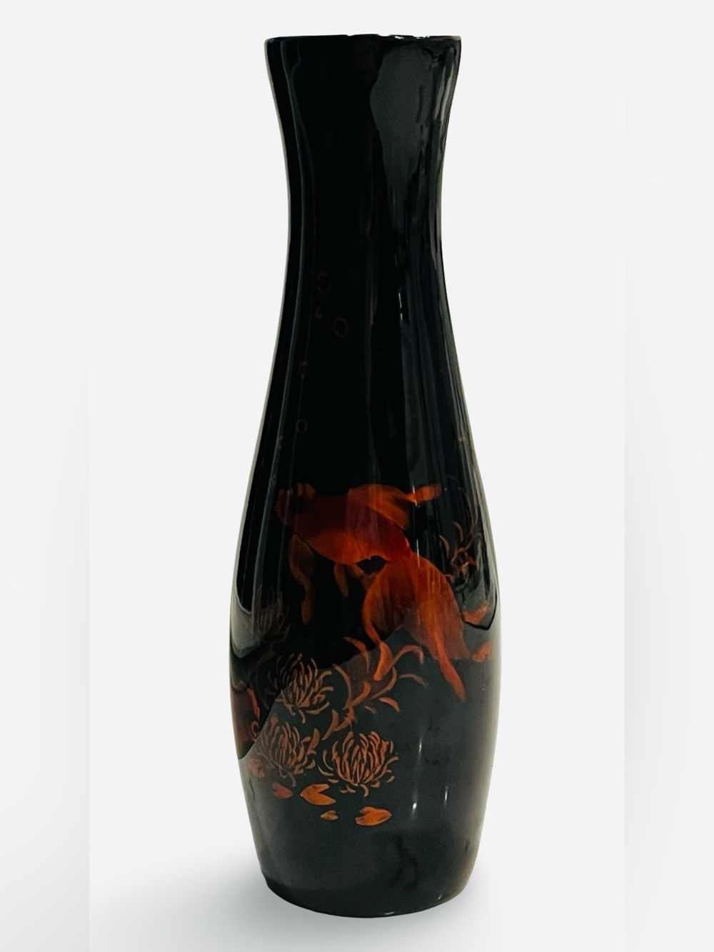Vintage Glossy Black Lacquer Metallic Underwater Koi Scene Vase